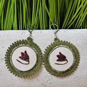Tulip Lace Dangle Earrings - lace embroidery, fsl, fabric earrings, flower, purple and green