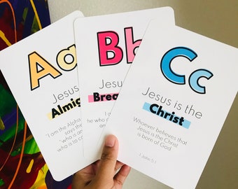 Jesus ABC Scripture Cards PRINTABLE / Alphabet Names of Jesus / Bible A-Z Kids Memory Verse Flashcards / Homeschool Sunday School