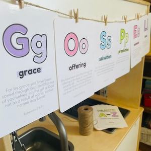 Evangelie ABC-schriftkaarten AFDRUKBAAR / theologie voor kinderen / Bijbel A-Z Flashcards met geheugenvers voor kinderen / Homeschool Sunday School