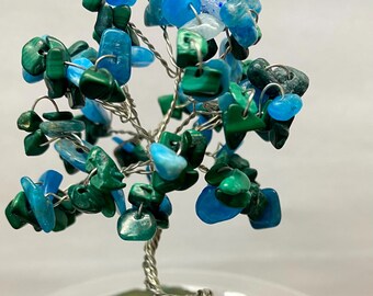 Malachite Aquamarine Gemstone Tree: Handmade Wire Bonsai, Agate Base