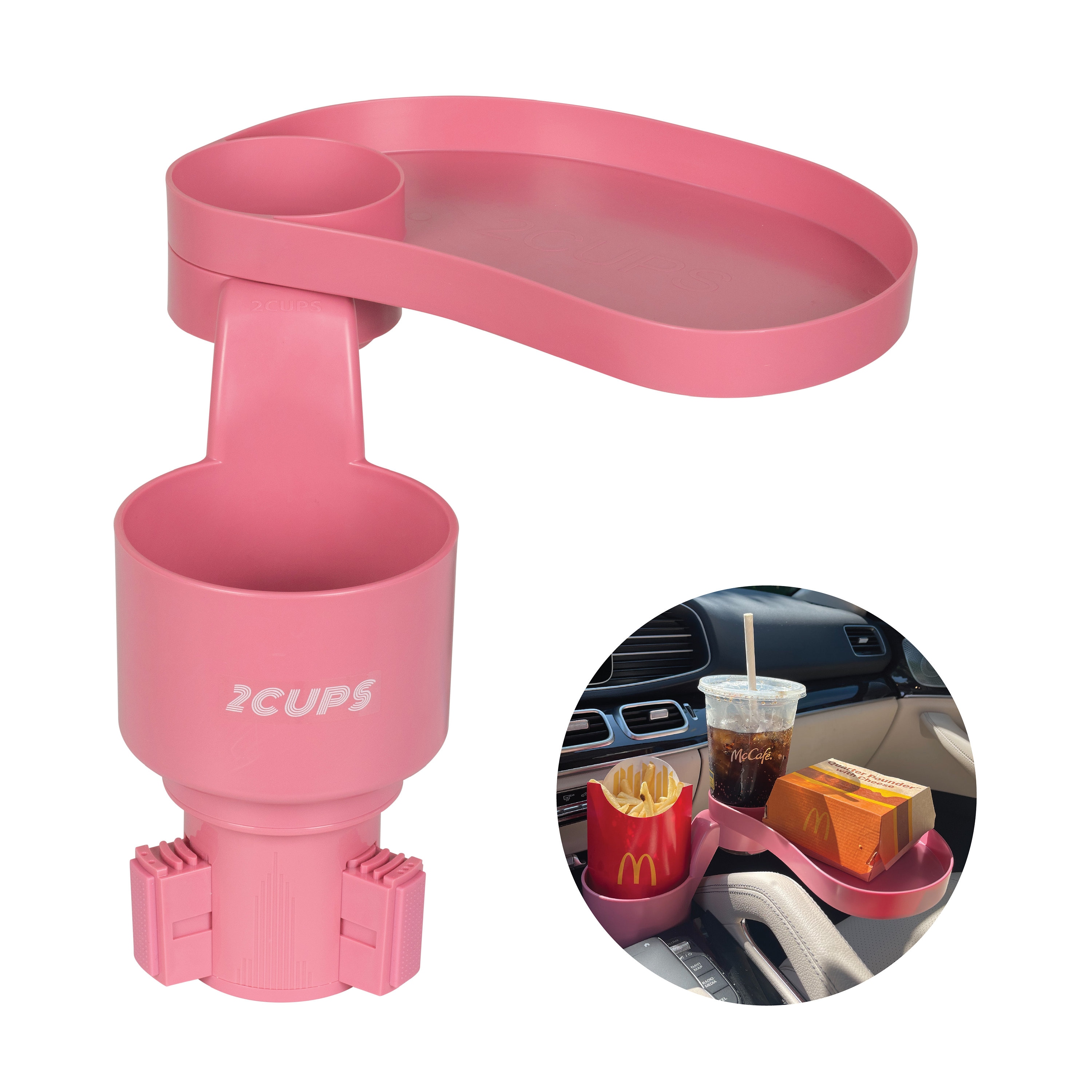2CUPS Car Cup Holder Expander and Attachable Tray Set oval/rectangle PINK 