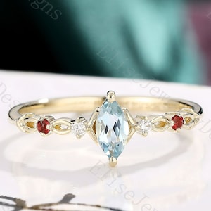 Bague de fiançailles marquise aigue-marine vintage, accent rubis et moissanite, or jaune massif, bague de promesse unique