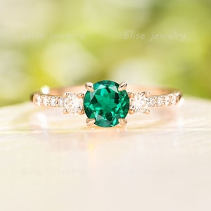 Unique Emerald Engagement Ring|Antique Three Stone Ring|Rose gold ring|moissanite/diamond ring|Cluster ring|Promise Ring||Stacking Ring