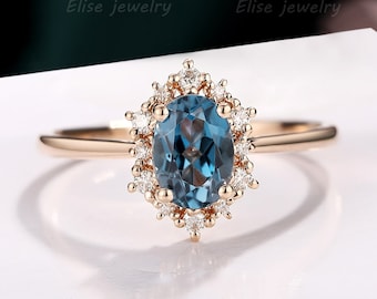 London Blue Topaz Engagement Ring Vintage London Blue Topaz  Ring Snowflake Ring Halo Diamond Ring Rose Gold Ring Personalized Promise Ring