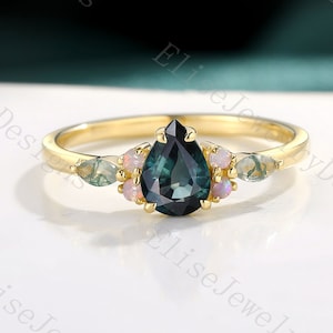 Teal Sapphire Engagement Ring | Pear Sapphire Ring | Dainty Opal Ring | Marquise Moss Agate Ring | Multi Stone Ring | Solid Yellow Gold Ring