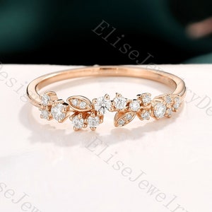 Cluster Moissanite Wedding Band | Delicate Diamond Ring | Leaf Wedding Band Rose Gold | Tiny Diamond Ring | Matching Wedding Band