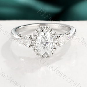 Oval Moissanite Engagement Ring | Halo Moissanite Ring | Cluster Ring White Gold | Pear Cut Moissanite Ring | Vintage Promise Ring For Her