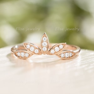 Curved Wedding Band Moissanite Wedding Band Unique Dainty ring Antique Matching ring Anniversary ring Vintage Rose Gold ring for woman