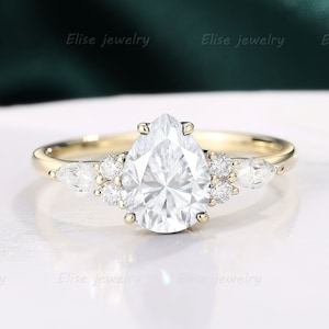 Pear Moissanite Engagement Ring Vintage Diamond Wedding Ring Unique Yellow Gold Bridal Ring Antique Anniversary Cluster Seven Stone Ring