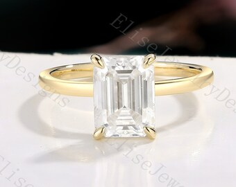 Moissanite Verlobungsring mit Smaragdschliff | Moissanit Solitär Ring | Massiver Gelb Gold Ring | Art Deco Ring | Handgefertigte Ring | Unikat Ring