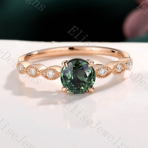 Vintage Teal Sapphire Engagement Ring | Blue Green Sapphire Ring | Round Sapphire Ring | Petite Diamond Ring | Marquise Ring Rose Gold