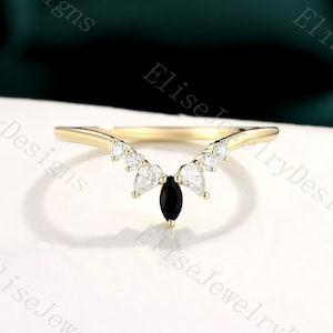Black Onyx Wedding Band | Marquise Black Onyx Ring | Curved Moissanite Wedding Band | Tiara Wedding Band | Unique wedding band Yellow Gold