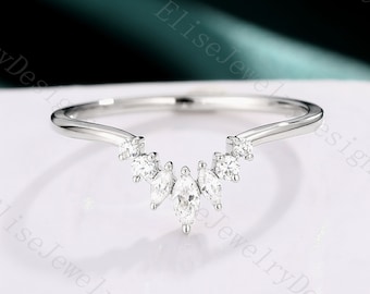Vintage Moissanit böjd vigselring Unik, elegant vigselring i vitguld Löftesring Jubileumsring Matchande ring Stapelring