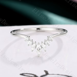 Vintage Moissanite Curved Wedding Band Unique Dainty Wedding Ring White Gold Ring Promise Anniversary Ring Matching Ring Stacking Ring