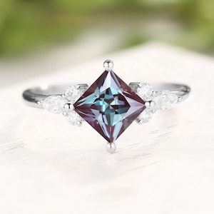 Princess Alexandrite Engagement Ring Antique Unique Cluster White Gold Ring women Marquise Diamond Wedding Bridal art deco Anniversary Ring