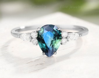 Vintage Teal Sapphire Ring Blue Green Sapphire Engagement Ring Unique Pear Bridal Ring White Gold Seven Stone Ring Anniversary Promise ring