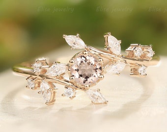 Unique Leaf Morganite Engagement Ring Vintage Engagement Ring Diamond Cluster ring Rose gold Bridal ring Promise Anniversary Ring