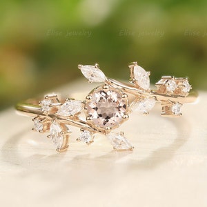 Unique Leaf Morganite Engagement Ring Vintage Engagement Ring Diamond Cluster ring Rose gold Bridal ring Promise Anniversary Ring