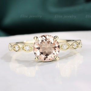 Vintage Morganite Engagement Ring Round Morganite Ring Yellow Gold Ring Custom Ring Promise Ring Anniversary Gift for Women Seven Stone Ring
