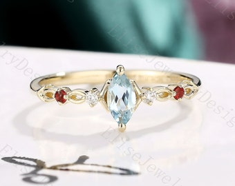 Vintage Aquamarine Engagement Ring Ruby Moissanite Ring Marquise