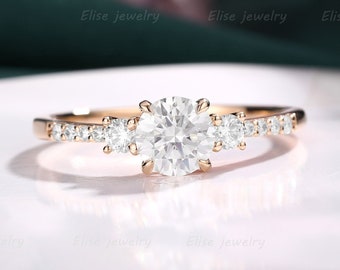 Dainty Moissanite Engagement Ring | Round Cut Moissanite Ring | Rose Gold Cluster Ring | Three Stone Ring | Art Deco Ring