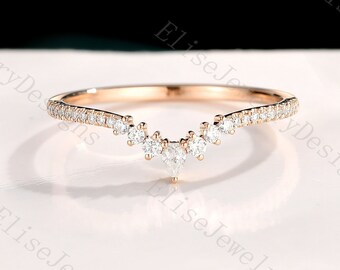 Curved Moissanite Wedding Band | Pear Moissanite Wedding Band | Delicate Diamond Ring | Pave Moissanite Ring | Stacking Ring Rose Gold