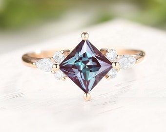 Antique Alexandrite Engagement Ring Princess Cut Ring Cluster Moissanite Ring Marquise Diamond Ring Solid Rose Gold Ring Bridal Ring