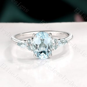 Natural Aquamarine Engagement Ring | Oval Aquamarine Ring | Cluster Ring White Gold | Marquise Aquamarine Ring | March Birthstone Ring