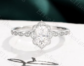 Vintage Halo Engagement Ring Milgrain White Gold Oval Moissanite Ring Unique Cluster ring diamond Bridal Jewelry Anniversary ring