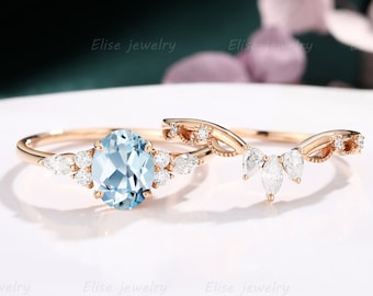 Vintage Aquamarine engagement Ring Set Vintage Oval Aquamarine Ring rose gold delicate Anniversary diamond ring Proposal ring