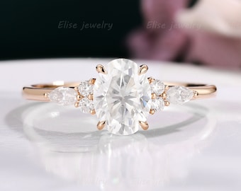 Vintage Moissanite Engagement Ring Cluster Moissanite Ring Rose Gold Ring women unique Oval Marquise diamond Bridal Anniversary Ring