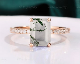 Unique Emerald Shaped Moss Agate Engagement Ring Handmade Moss Agate Ring Art Deco Ring Rose Gold Cluster Ring Pave Diamond Ring