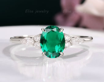 Lab Emerald Engagement Ring | Oval Emerald Ring | Solid White Gold Ring | Marquise Diamond Ring | Cluster Ring | Delicate Diamond Ring