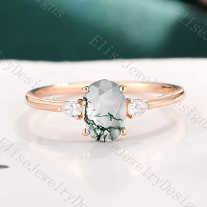Dainty Oval Moss Agate Engagement Ring Minimal Moss Agate Engagement Ring Pure Diamond Ring Rose Gold Ring Anniversary Ring