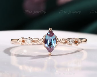 Art Deco Alexandrite engagement ring|Vintage Marquise Alexandrite ring rose gold diamond ring Anniversary promise ring Unique Cluster ring