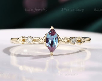 Vintage Alexandrite engagement ring|Art Deco Marquise Alexandrite ring Yellow gold diamond ring Anniversary promise ring Unique ring
