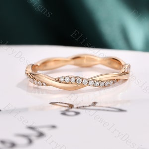 Moissanite Twisted Wedding Band Infinity band Unique Dainty Ring Rose Gold Stacking Matching Ring Delicate Pave Bridal Promise Ring