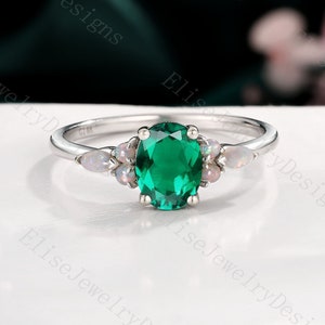 Vintage Emerald Engagement Ring | Oval Cut Emerald Ring | White Gold Ring | Marquise Opal Ring | Anniversary Ring | Green Gemstone Ring