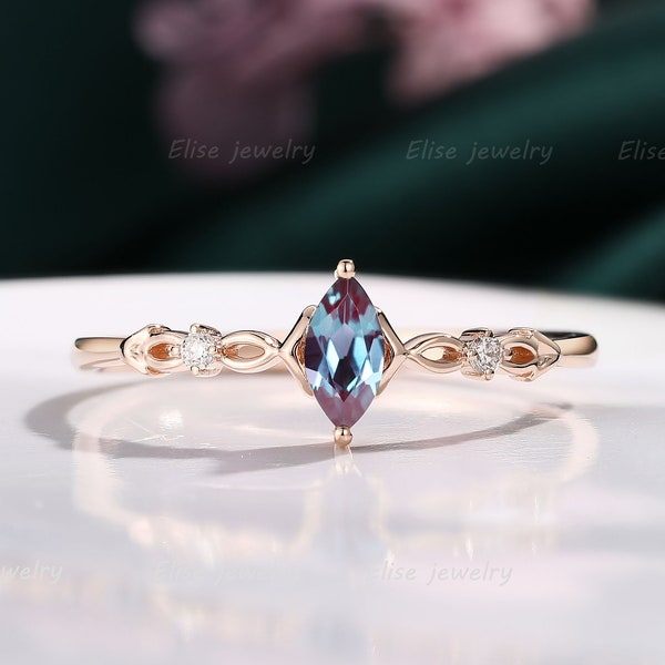 Art Deco Alexandrite engagement ring|Vintage Marquise Alexandrite ring rose gold diamond ring Anniversary promise ring Unique Cluster ring