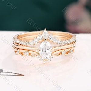3PCs Moissanite Engagement Ring Set|Dainty Oval moisanite Solitaire ring Solid rose gold vintage promise ring art deco band curved band