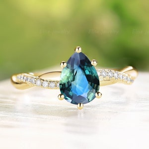 Teal Sapphire Engagement Ring |Pear shaped Blue Green Sapphire ring Rose Gold Vintage Twisted band Prong set Promise ring  Anniversary Ring