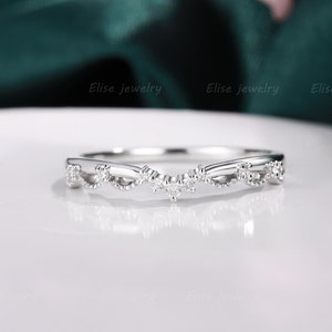 Vintage Curved Wedding Band Danity White Gold Wedding Band Antique diamond Band Unique Wedding band delicate ring Anniversary Gift for Her