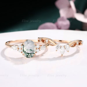 Vintage Moss Agate engagement Ring Set Unique Oval Moss Agate Ring rose gold delicate Anniversary diamond ring Proposal ring