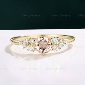 Vintage Morganite Engagement Ring Round Morganite Ring Cluster Diamond/Moissanite Ring Yellow gold Ring Anniversary Promise Ring