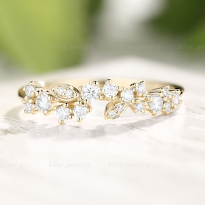 Unique Floral Moissanite Wedding Band|marquise stacking matching ring leaf ring solid Yellow gold Antique Band Dainty Ring Anniversary band