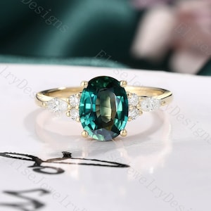 Oval Teal Sapphire Engagement Ring | Blue Green Sapphire Ring | Antique Yellow Gold Ring | Seven Stone Ring | Art Deco Ring
