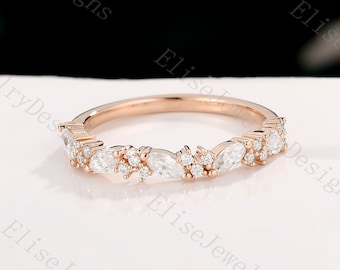 Marquise Moissanite Wedding Band | Dainty Moissanite Ring | Alternative Ring | Half Eternity Band Rose Gold | Delicate Promise Ring