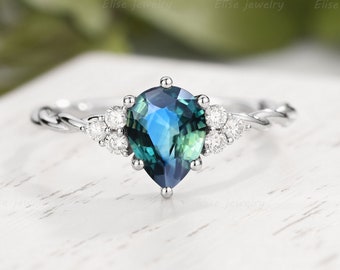 Vintage Blue Green Sapphire Engagement Ring Pear Teal Sapphire Ring White Gold Delicate Promise ring