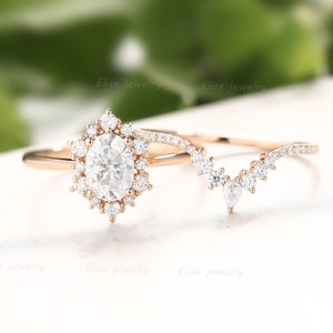 Moissanite engagement ring Set Oval Vintage Halo Ring Rose Gold Unique diamond Curved Wedding Band Bridal Ring set for women