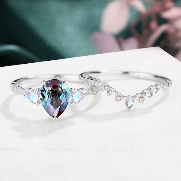 Art Deco Alexandrite Engagement Ring Set Pear Alexandrite Ring Triangle Moonstone Ring White Gold Ring Curved Diamond Ring Anniversary Ring